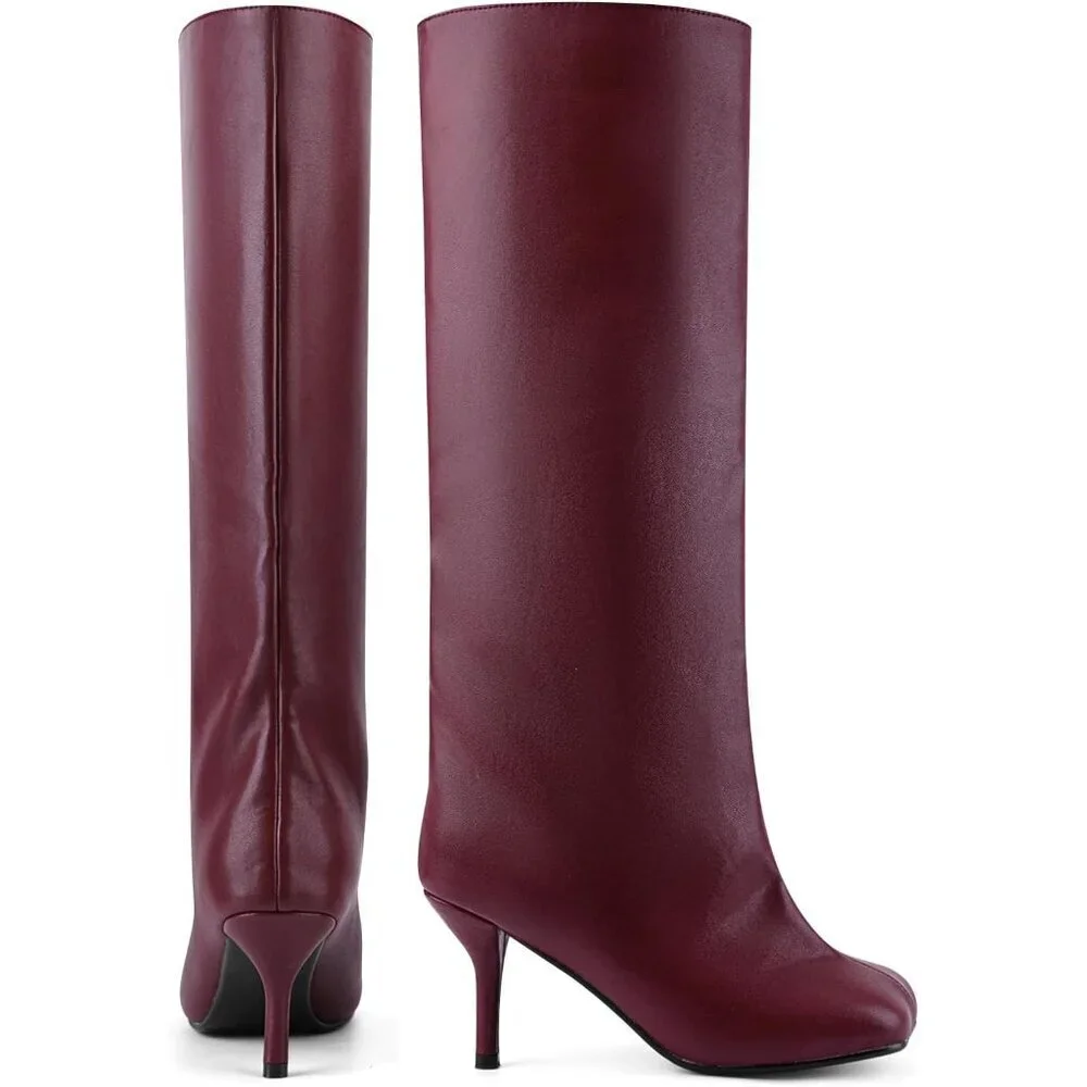 Women's Burgundy Pu Wide Calf Square Toe Stiletto Heels Knee High Suede Boots